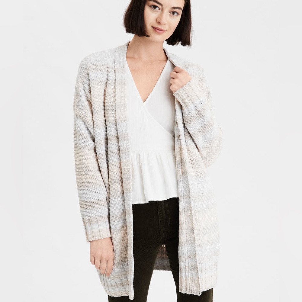 American Eagle Chenille Oversized Open Front Stripe Cardigan